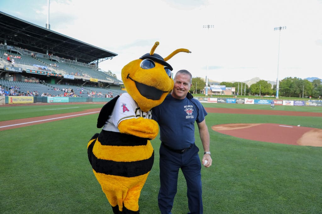 911FirstPitch2 Bees mascot and SLC fire chief Rusty McMicken