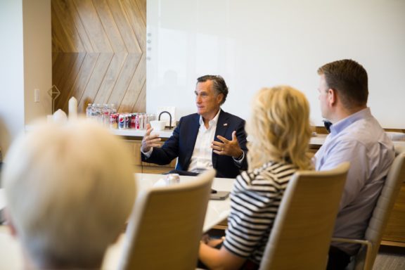Sen. Mitt Romney with employees